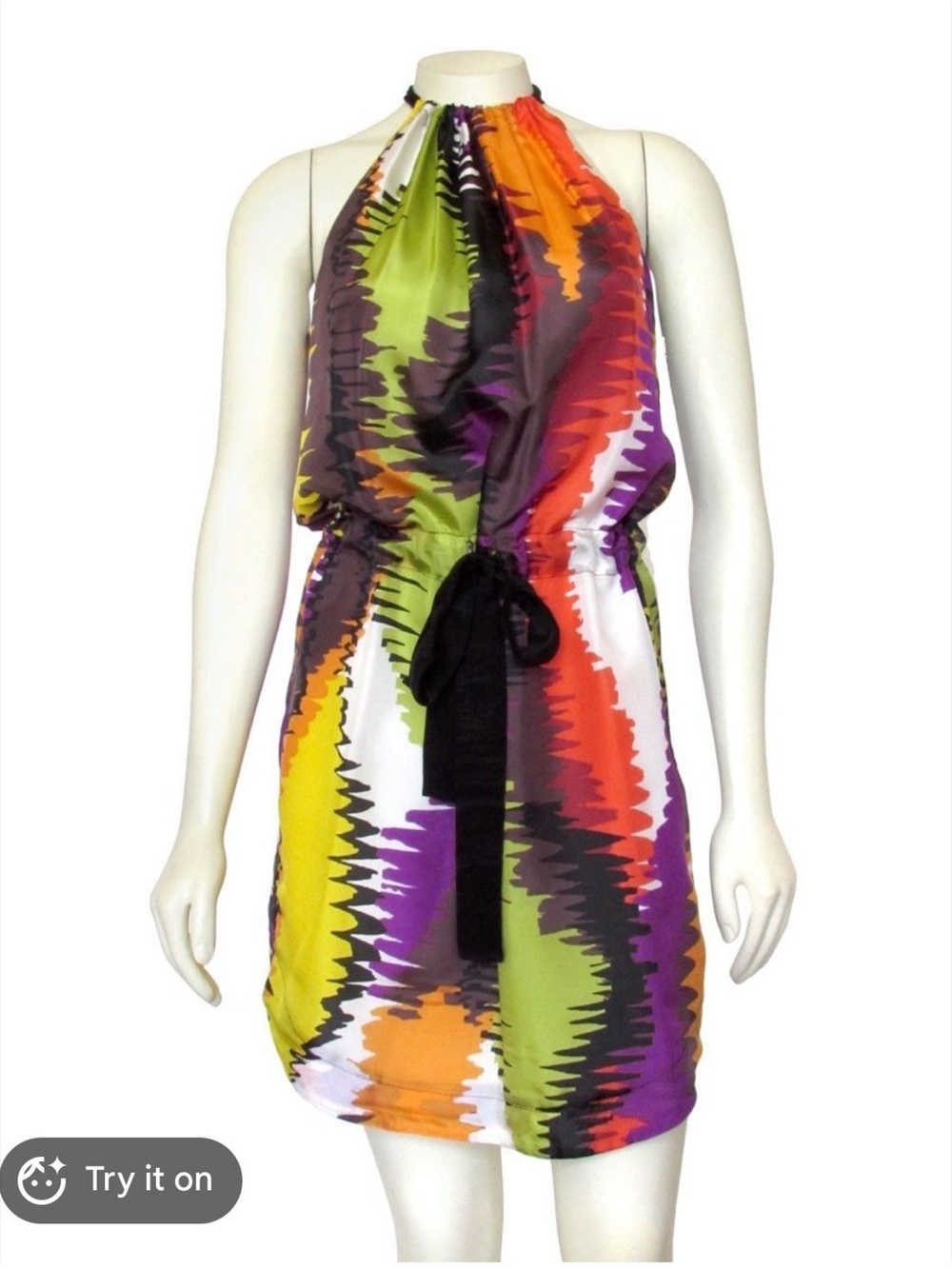Silk Multi-Color Halter Mini Dress with Waist Tie